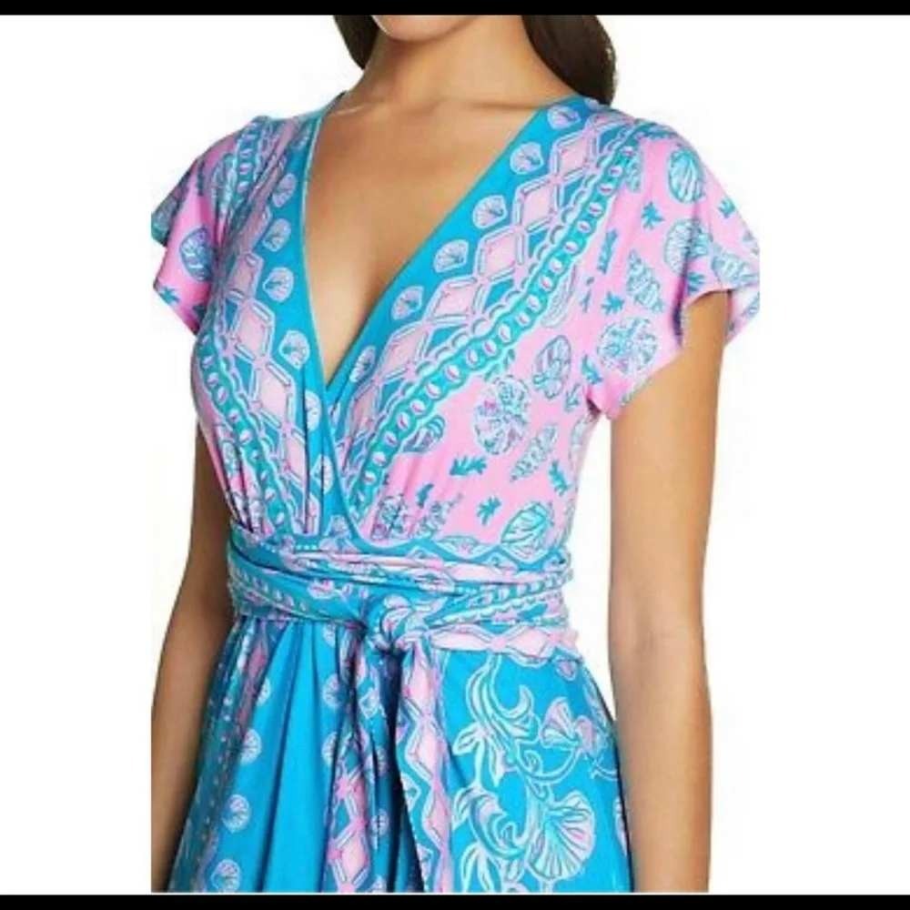 Lilly Pulitzer Esmarella Maxi Dress Large Pink Blue Shell Print Faux Wrap Boho - Picture 14 of 16